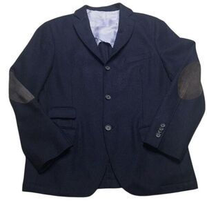 Eden Park Mens Navy Wool Blazer With Suede Elbow Patches Three-Button Front Mult